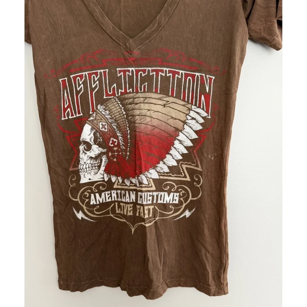 Y2K Affliction American Customs Motorcycle Distressed Shirt Brown Women's Size S